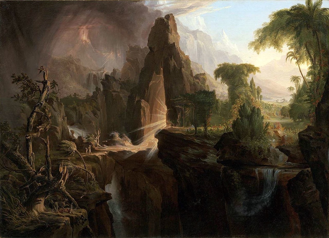 A dramatic painted landscape with cliffs, waterfalls, palms, and distant mountains